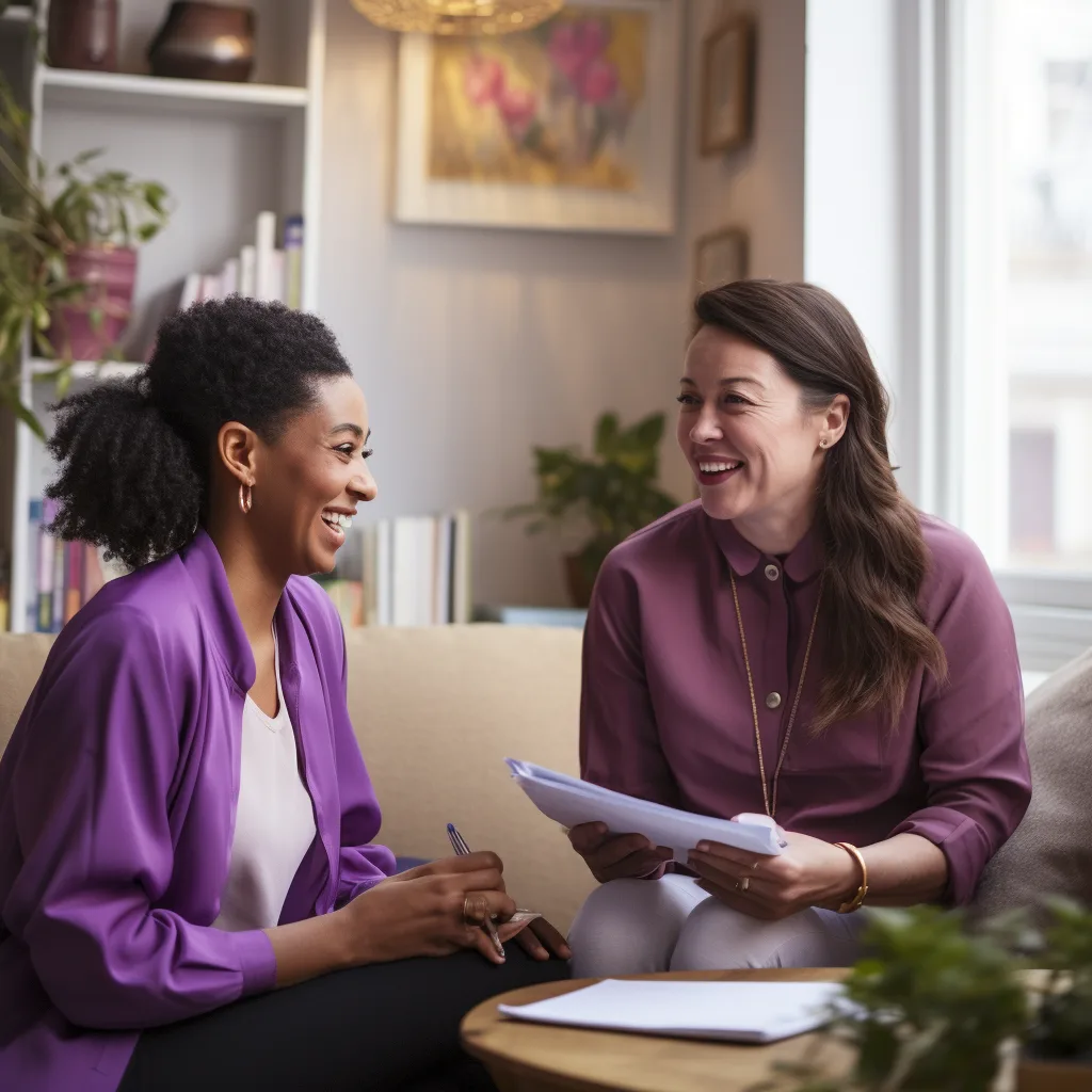 A clinician and client talking together in a comfortable room